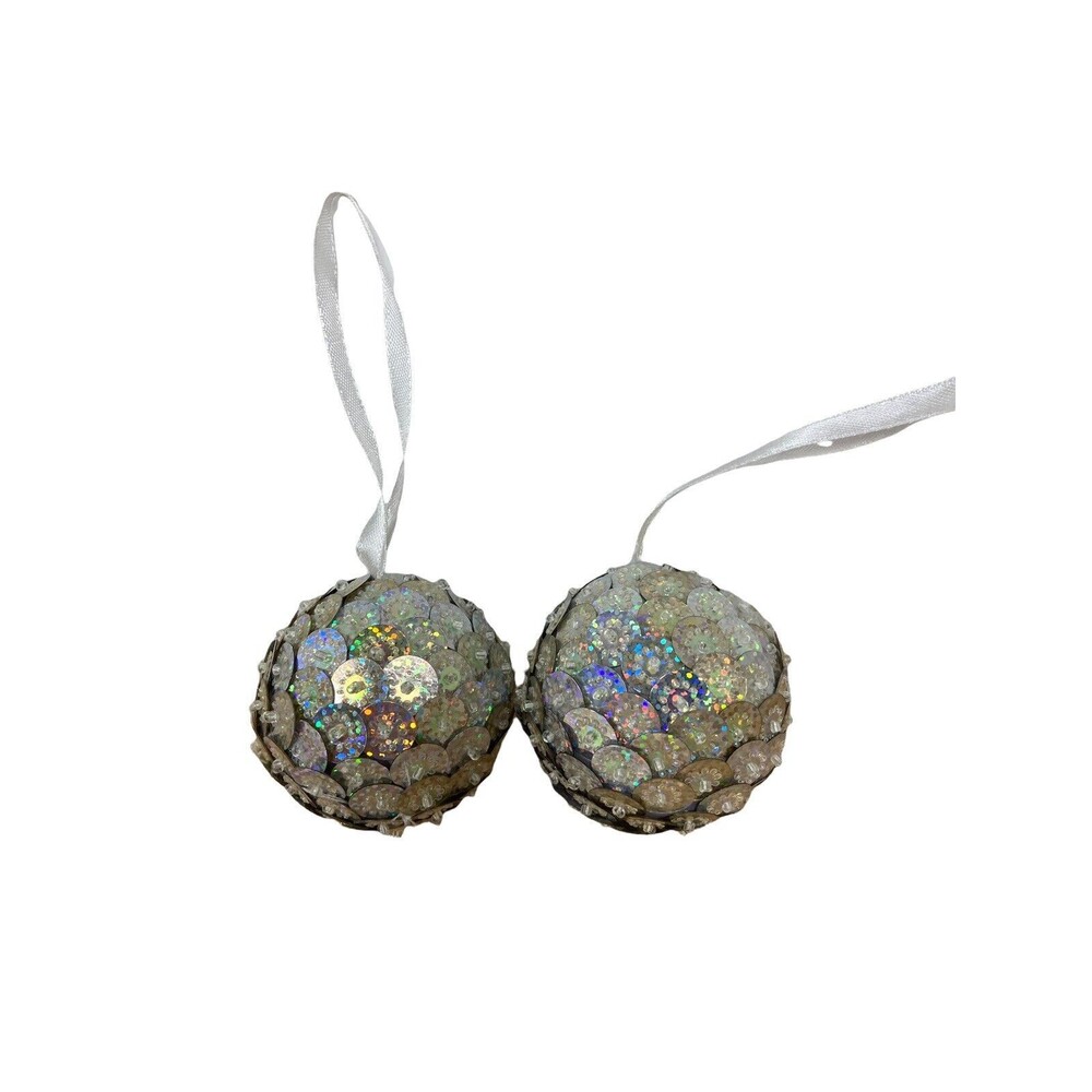 Silver Sequin Glittered Ball Christmas Ornaments Lot of 2 No tags 2.25 in